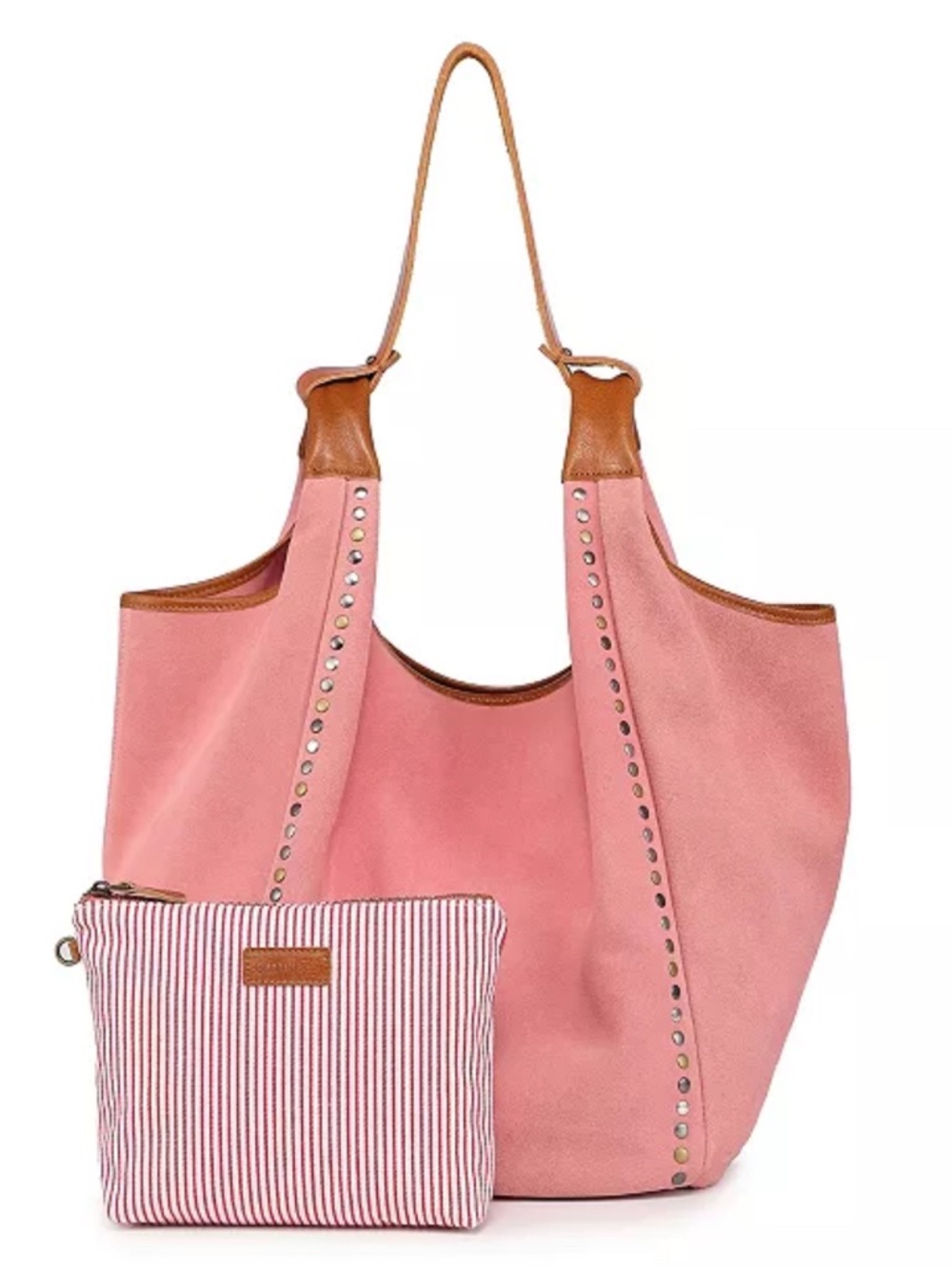 Pink Tote Bag with Brown Trim and Stud Accents